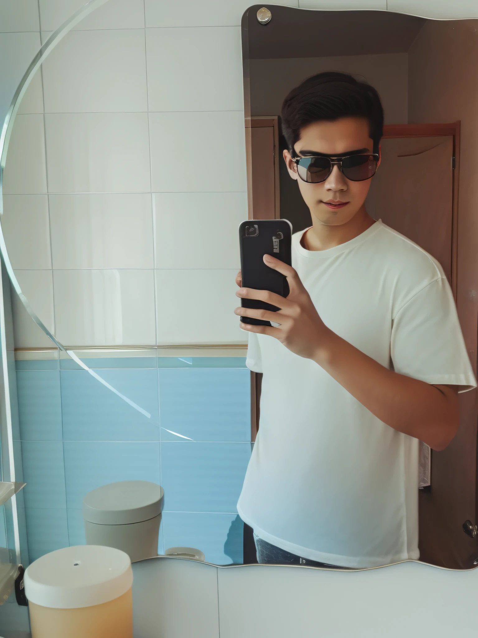 There is a man taking a selfie in front of the mirror, with sunglass, 8k selfie photograph, Mirror selfie, standing in front of a mirror, wearing mirrored sunglasses, selfie of a man, Male ulzzang, thin young male, With glasses, Selfie Photos, stable diffusion self portrait，Small back，Bow your head proudly，The picture is HD，3D Boy，No beard，It's not a heart-to-heart eyebrow