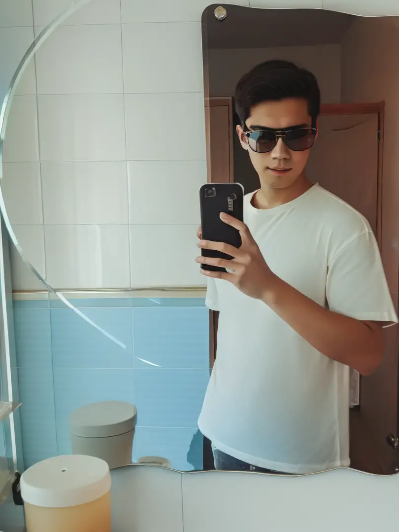There is a man taking a selfie in front of the mirror, with sunglass, 8k selfie photograph, Mirror selfie, standing in front of a mirror, wearing mirrored sunglasses, selfie of a man, Male ulzzang, thin young male, With glasses, Selfie Photos, stable diffu...