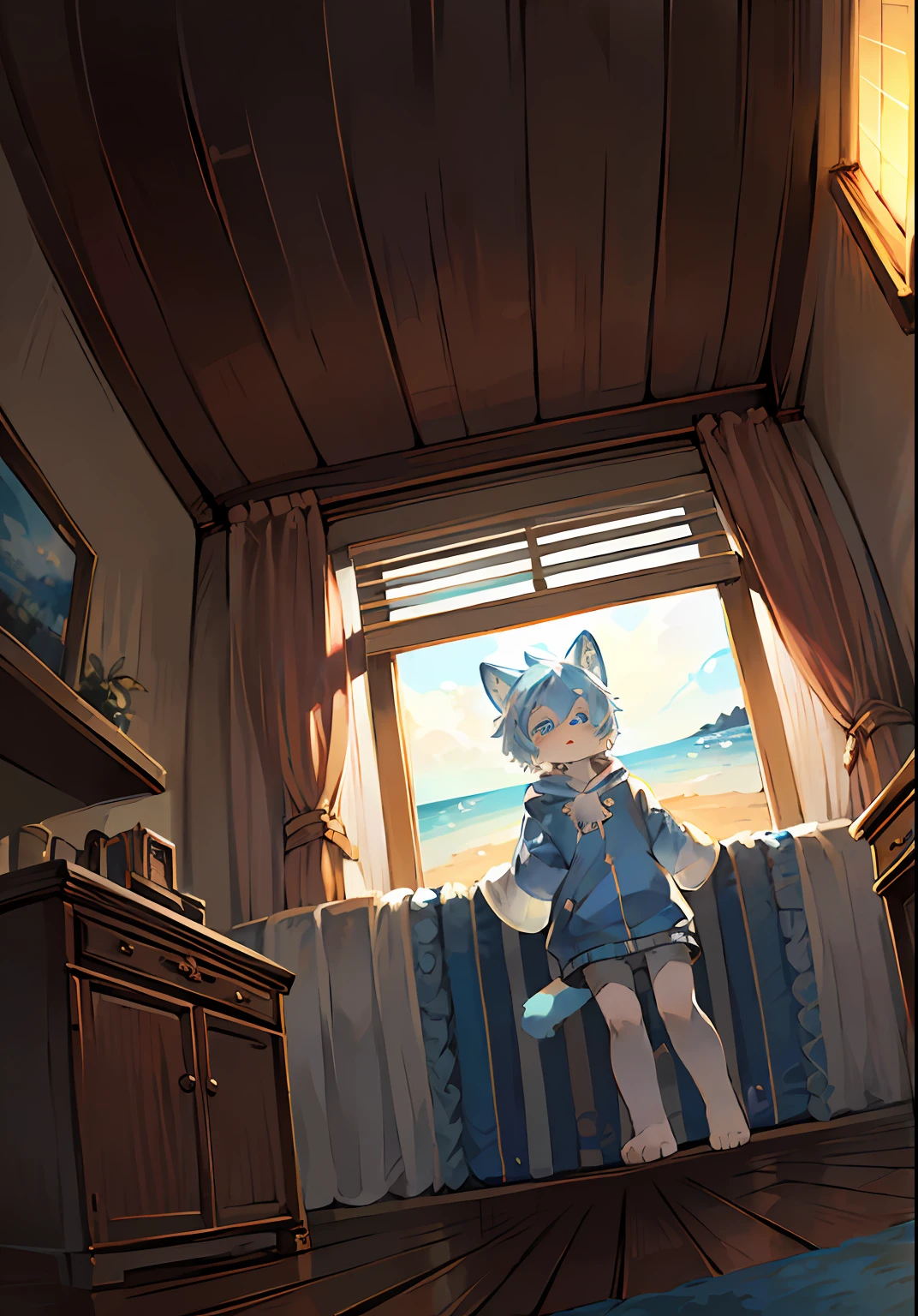 (Bright environment:0.8),masterpiece,high quality,abstract res,digital painting\(artwork\), by Dagasi, yupa,kiyosan,(anthro,fluffy fur,character focus:1.1),anthro male cat,short hair,portrait , eyes with brightness, in a panoramic view, Character focus.(detailedbackground:0.7), solo, shaggy, shaggy male, malefocus, anthr,(Full Body Furry, Fluffy tail, Blue-white fur, blue color eyes, Blue-white hair:1.2), (long canines、Hooded sweatshirt：1.2），（interiors、In the daytime、beachside、swell sea：1.1）