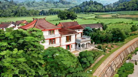 aerial view of houses in rural areas，the background is a mountain, korean countryside, historical context, countryside in japan,...