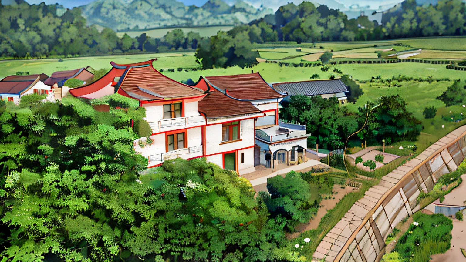 Vista aérea de casas en zonas rurales.，El fondo es una montaña., Campo coreano, contexto histórico, campo en japón,El patio está lleno de flores., retiro adornado, 1 mansión del siglo VIII, campo japonés,, mirando desde arriba, Palacio tradicional coreano, Regal Manor, casa de Campo, de mi parte, Casa antigua, exterior