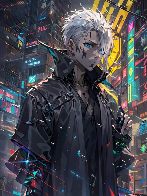 cyber punk perssonage ,a male，fansty world，tokyo background，clean design，epic instagram，art  stations，colorful paint splashes，co...