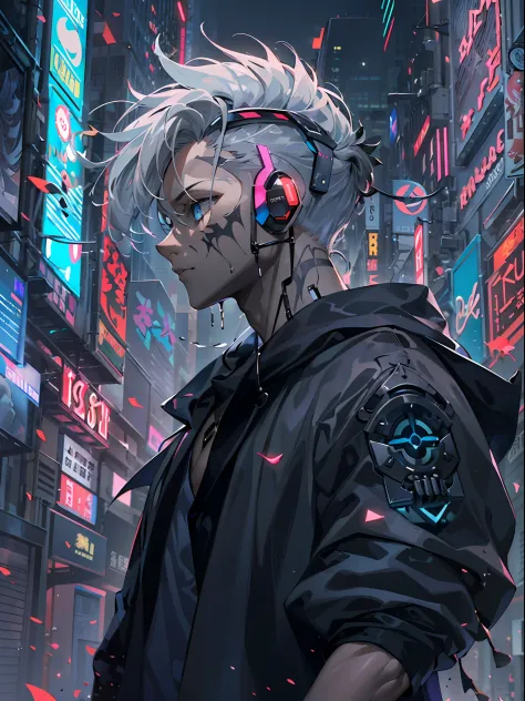 cyber punk perssonage ,a male，fansty world，tokyo background，clean design，epic instagram，art  stations，colorful paint splashes，co...