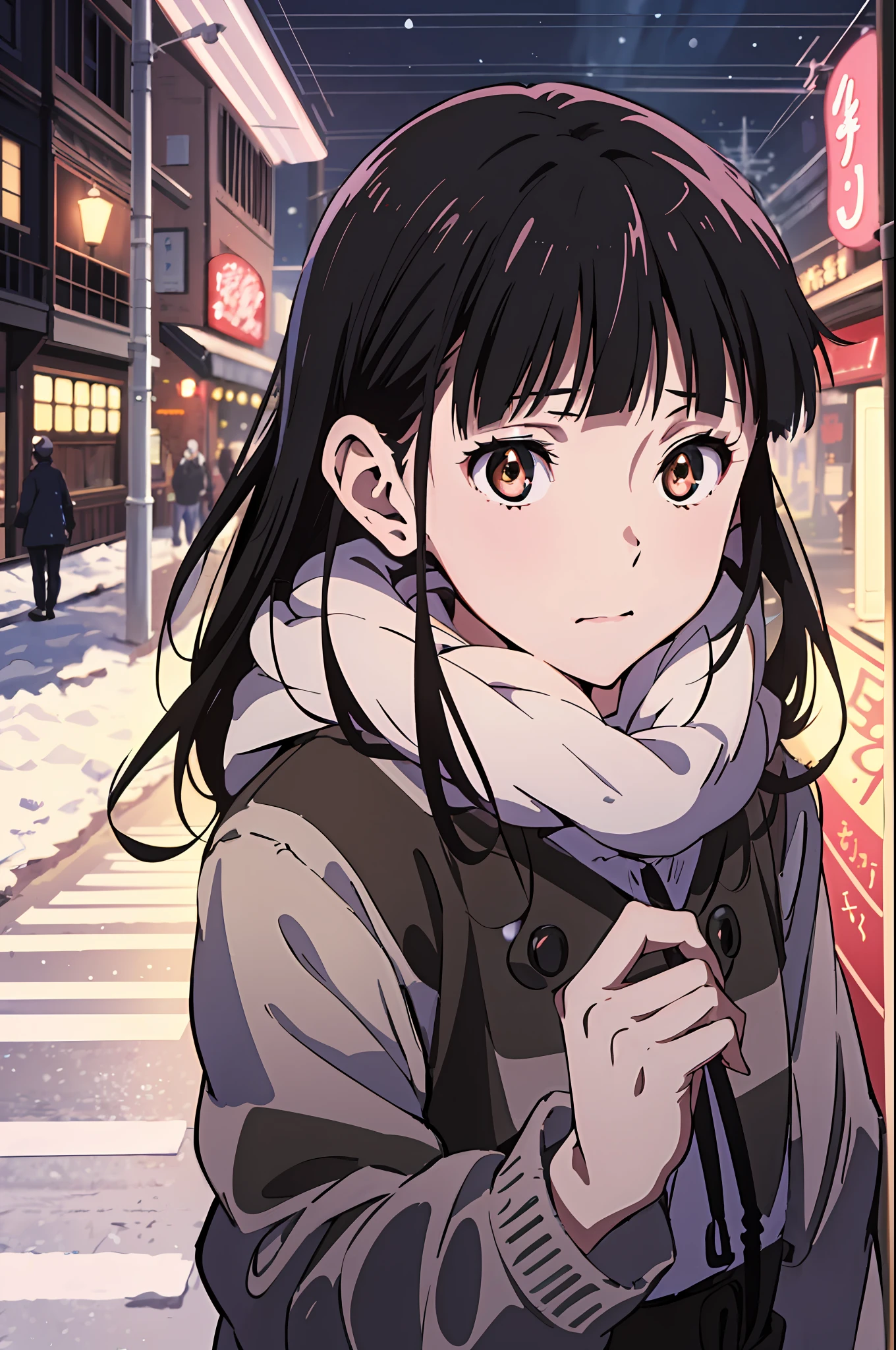 (highres, best quality:1.2), 1girl, 1girl, sparkling eyes, radiance, soft contours, beautiful drawing, upper body, concept art, neon light, eyelashes, long black hair, sakamoto mio, brown eyes, winter, snow, coat, rosy cheeks, kyoani hyouka style