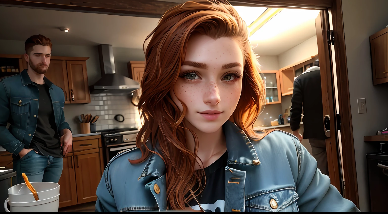 portrait, jeans jacket, freckles, ultra-detailed, (high detailed skin:1.2), 8k uhd, dslr, dark lighting, basement in background, no windows, a girl, hide in the back door, 5 man stand, around the table,