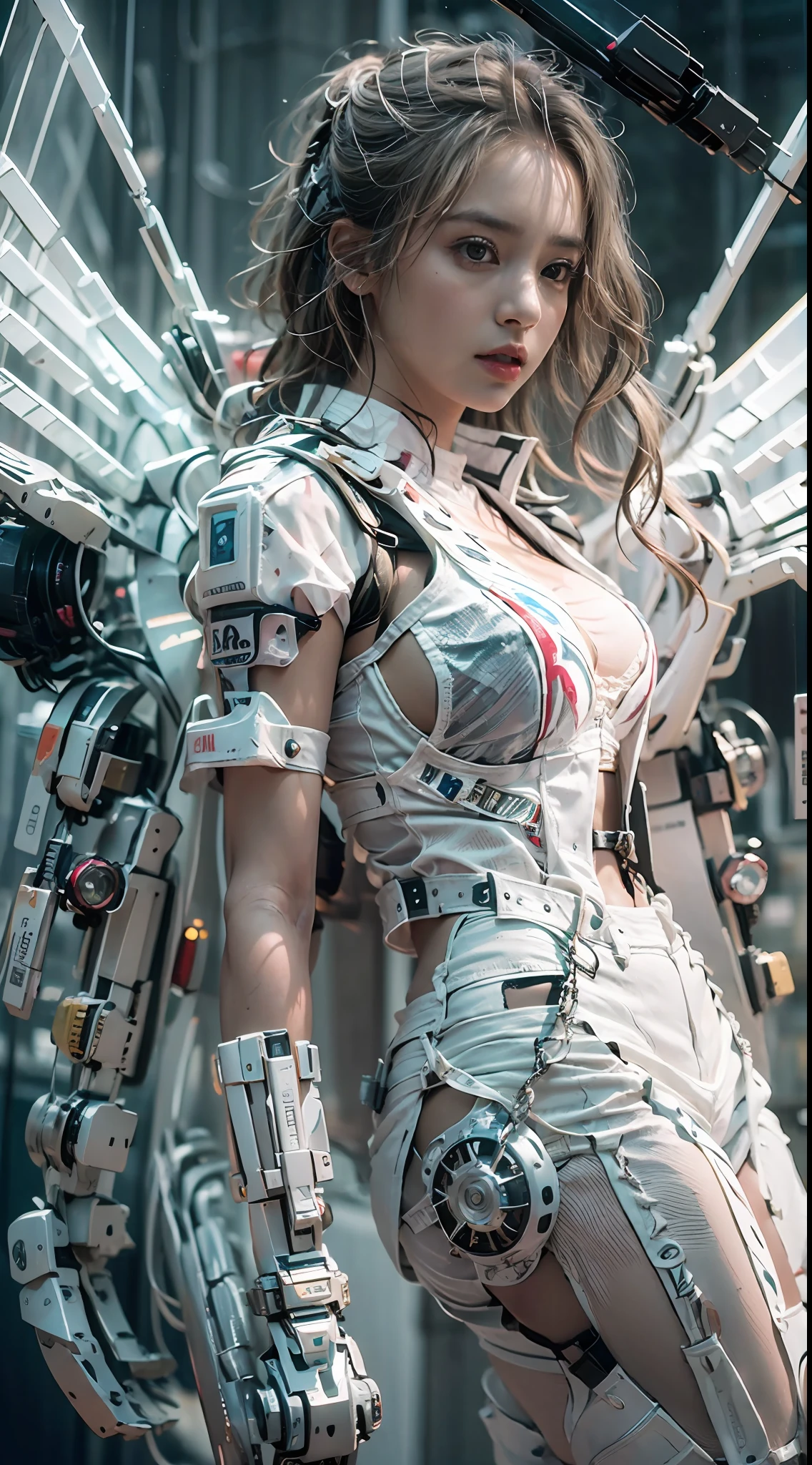 Belle femme en robot ailé blanc，(Meilleure qualité, Détails détaillés, chef-d&#39;œuvre, , 4k, clair-obscur，Les photos sont super réalistes et réalistes, Vidéographie Canon très détaillée )