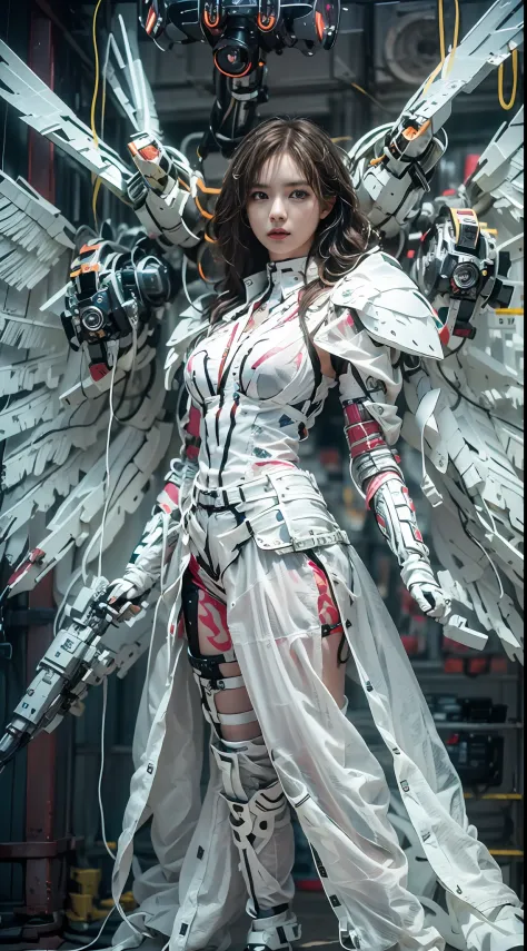 Beautiful woman in white winged mech，(Best quality, Detailed details, Masterpiece, , 4K, Chiaroscuro，The photos are super realis...