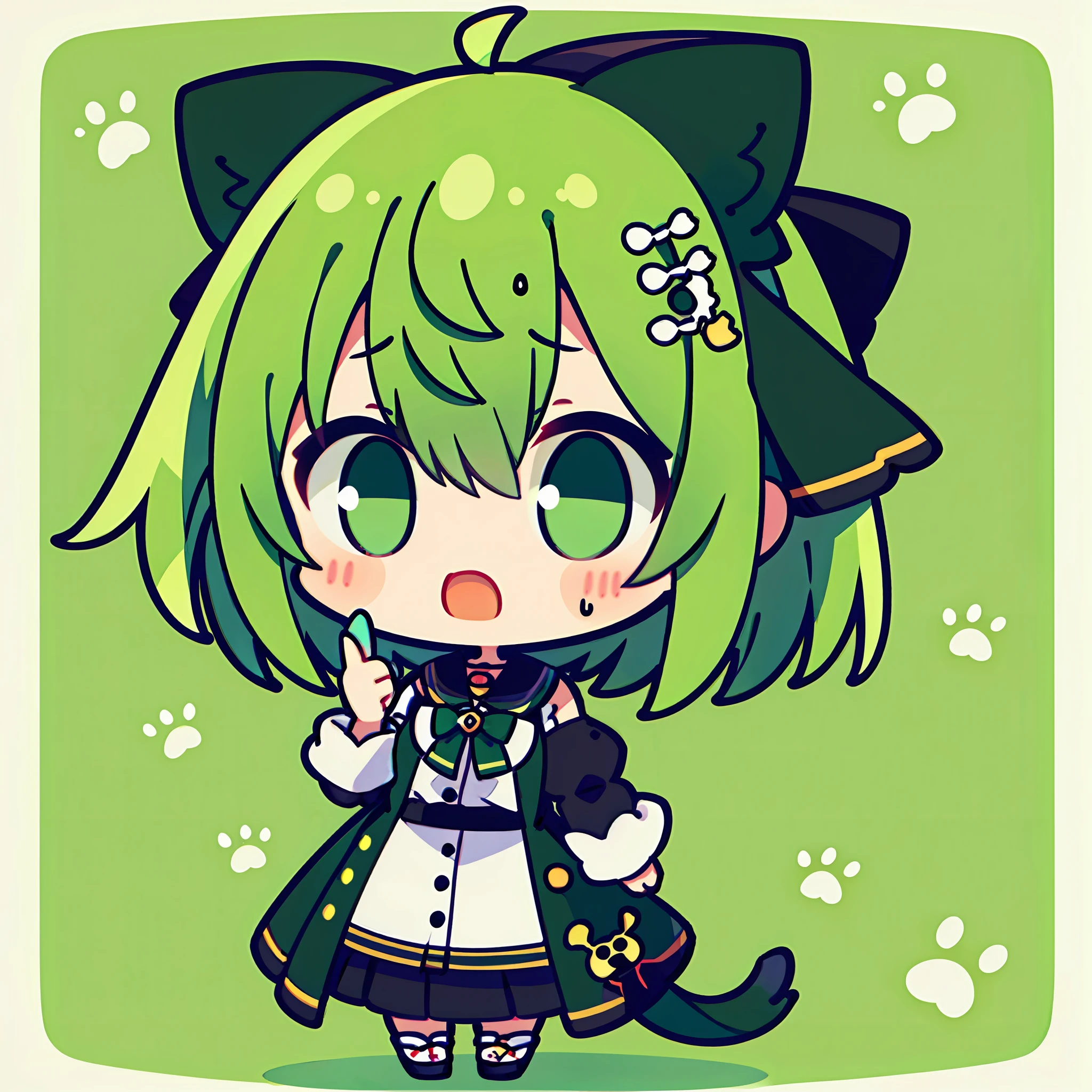 ​masterpiece, top-quality,   large mouth、Facial expression to Teheh、Sad face、Mass sweat、Full body depiction, 1girl in、Jade-colored jacket、cartoon bone、 Black cat ears,Chibi:1,Chibikyara, Green Hair Anime Girl, cowboy  shot, , ribbon-trimmed sleeves,