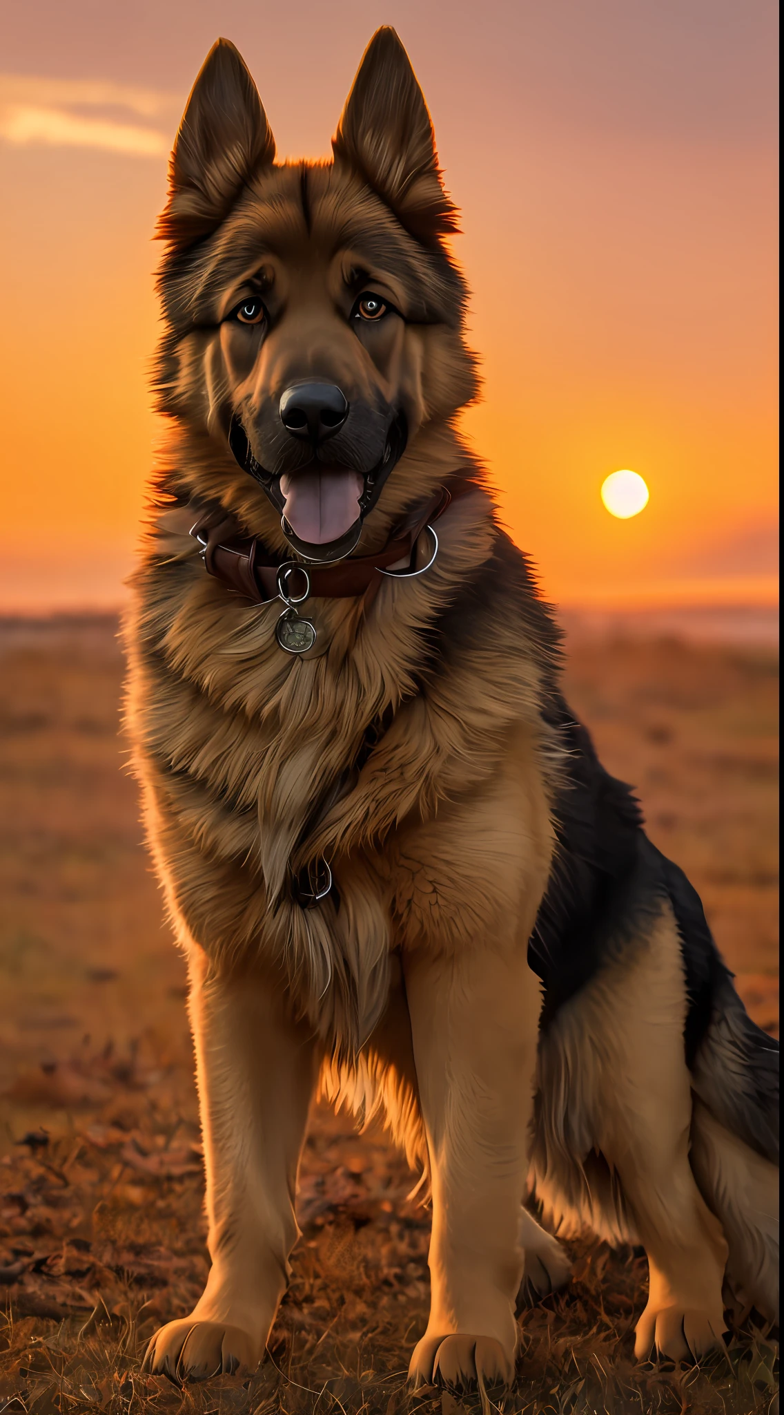 A 3D render of a textured photograph of an adorable German shepherd , golden during fall at sunrise, luna llena, sin espejo, primo, polarizante, HDR.