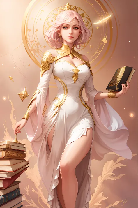 Araved woman in a white dress holds a book and a book, Beautiful celestial mage, Kushatt Krenz Key Art Women, artgerm julie bell...