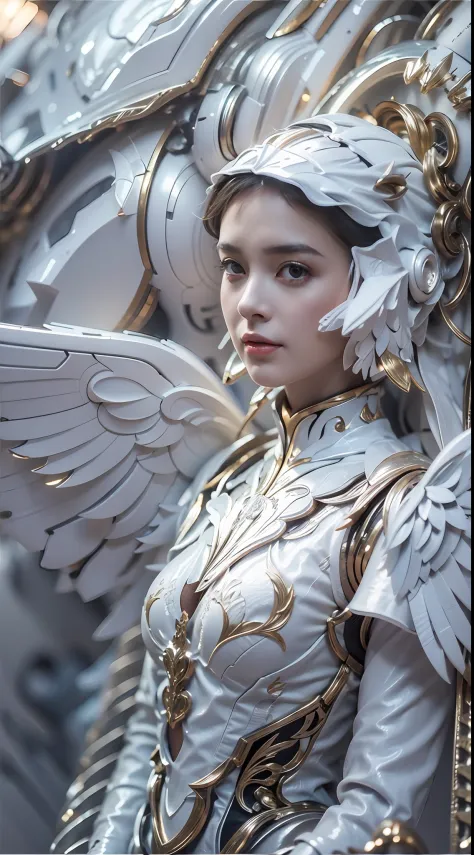 Beautiful woman in white winged mech，(Best quality, Detailed details, Masterpiece, , 4K, Chiaroscuro，The photos are super realis...