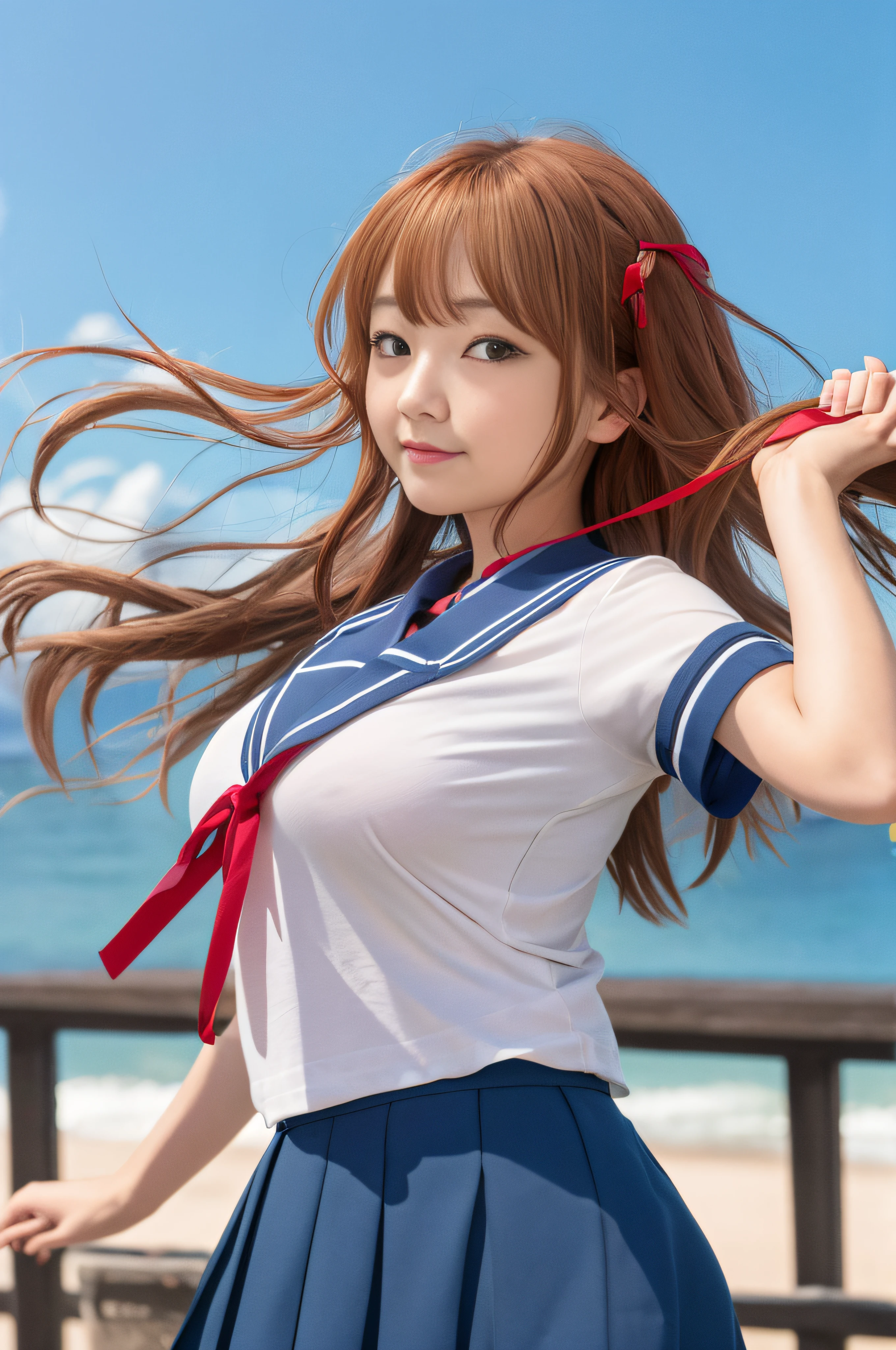 8K picture quality、RAW Photography、Masterpiece、top-quality、Hi-Res、mikuru1、1girl、Mikuru Asahina、Long、Detailed hair、Detailed eye description、North College Uniform、独奏、Blue Sailor Color、sailor collar、serafuku、a blue skirt、skirt by the、shortsleeves、Red ribbons、huge tit、