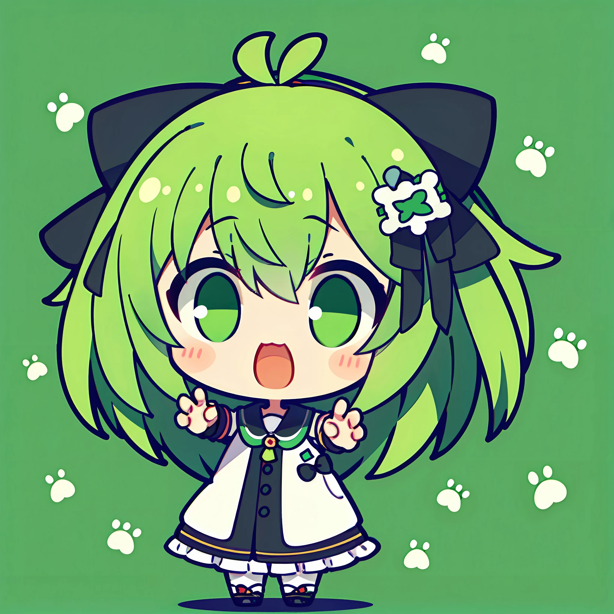 ​masterpiece, top-quality,   large mouth、Big eyes、Surprised face、Mass sweat、Full body depiction, Arms outstretched、　1girl in、Jade-colored jacket、cartoon bone、 Black cat ears,Chibi:1,Chibikyara, Green Hair Anime Girl, cowboy  shot, , ribbon-trimmed sleeves,