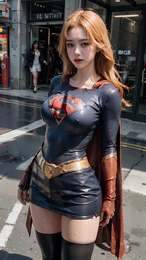 Woman body set big breasts, Supergirl costume dress, highly detailed face & skin texture, rainy season, cleavage:1.2, wet body:1.2