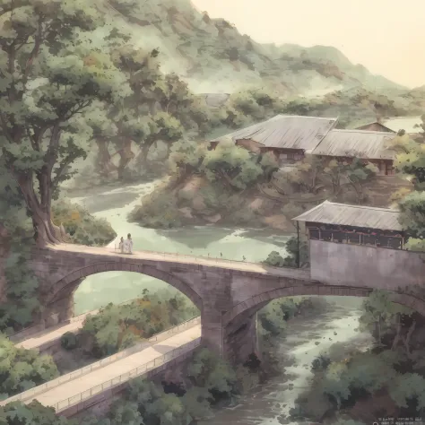 anime scene of a river with a house and a bridge, anime countryside landscape, anime background art, anime scenery concept art, beautiful anime scene, background artwork, anime scenery, anime beautiful peace scene, anime background, attack on titan scenery...