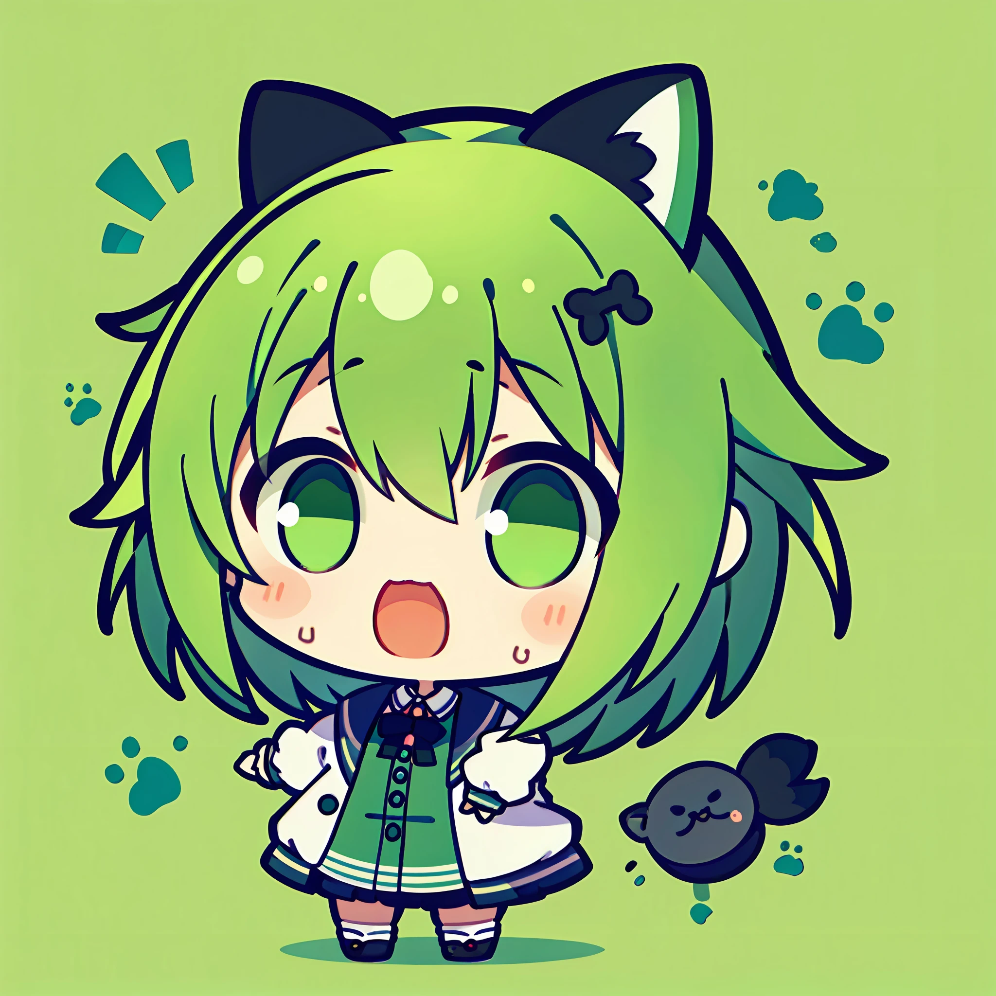 ​masterpiece, top-quality,   large mouth、Big eyes、Surprised face、Mass sweat、Full body depiction, Arms outstretched、　1girl in、Jade-colored jacket、cartoon bone、 Black cat ears,Chibi:1,Chibikyara, Green Hair Anime Girl, cowboy  shot, Colorless solid background