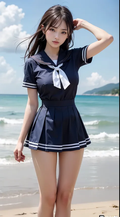 ((top-quality、8K、​masterpiece:1.3))、Beautiful woman with perfect body shape:1.4、((Brown hair、tits out:1.2))、Put your arms behind your head、(((Sailor suit with short sleeves、a miniskirt)))、On the beach、Highly detailed facial and skin texture、A detailed eye、...