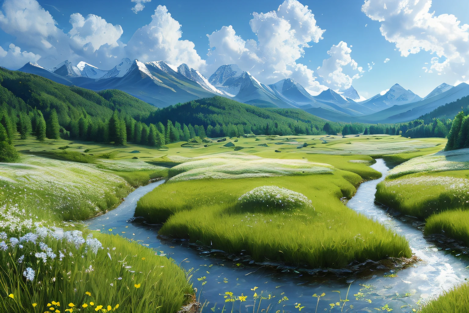 Ultra-detailed 8K image quality，Original masterpiece，Amazingly realistic effects，Verdant meadows on the plateau，clear blue skies，Flowing white clouds，The mountains in the distance are in confusion，A cinematic visual feast，Focus on the keys to art，Surrealist style that transcends reality，Bring every detail to life，It's a dazzling new experience。