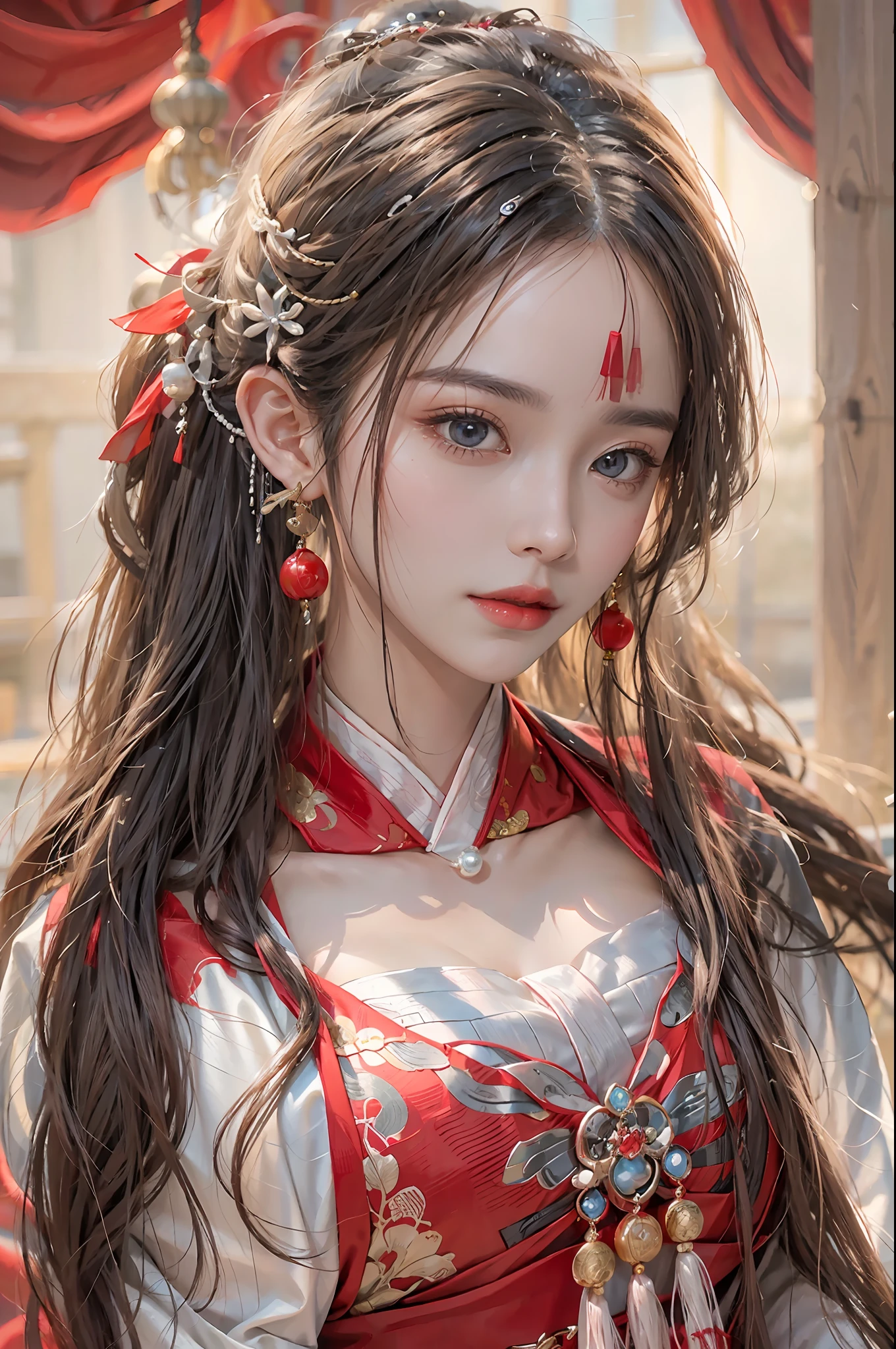 Fotorrealista, alta resolución, 1 mujer, solo, caderas arriba, ojos bonitos, pelo largo, hanfu de boda rojo, huadiano chino, magníficos accesorios, usando aretes de perlas
