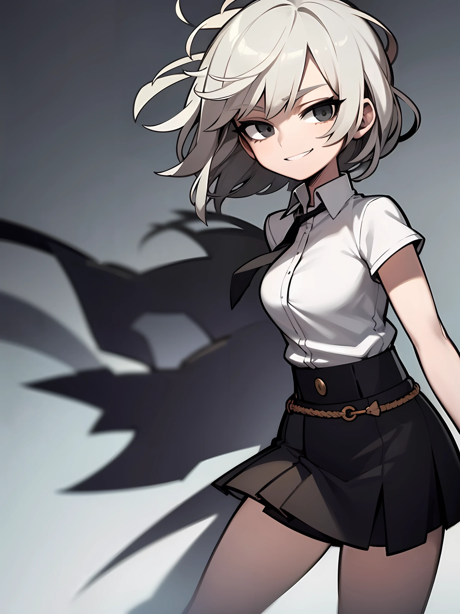 ((Masterpiece, Best Quality)), (Solo), (Female Focus), (Ahoge, Gray Hair, Short Hair), Black Eyes, Light Smile, Aperture, (White Shirt), (Button Gap), (Black Skirt), Standing, White Background, Back Arms, Dynamic Angle