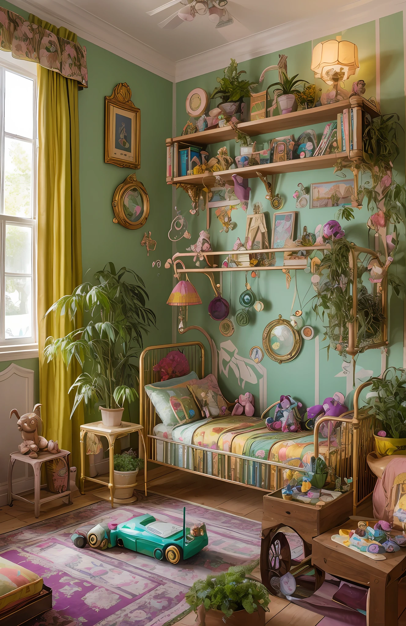 Photo du Digest Architectural d&#39;un {onde de vapeur/Steampunk/solairepunk} ((chambre d&#39;enfant)) vert, avec beaucoup de jouets pour enfants, Avec des poupées, avec un grand lit, avec des fleurs et des plantes, lumière dorée, surréalisme hyperréaliste, Chef-d&#39;œuvre primé avec des détails incroyables, épique à couper le souffle