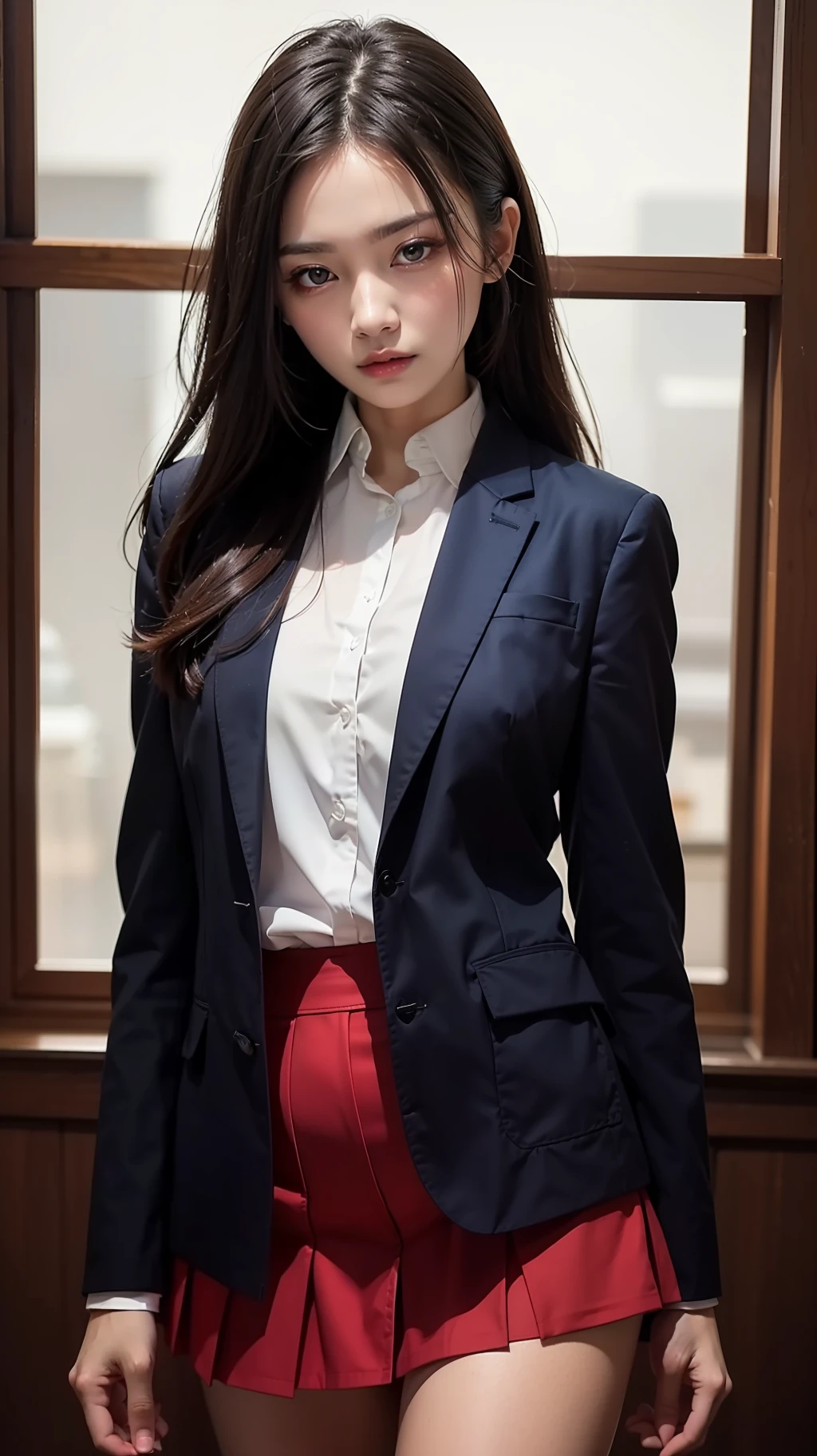 top-quality, ​masterpiece, Photorealsitic:1.4, High Detail RAW Color Photography, Skin Details, softlight, modeled, (((blazers, a miniskirt))), senior, A sexy, extra detailed face, Highly detailed and expressive eyes
