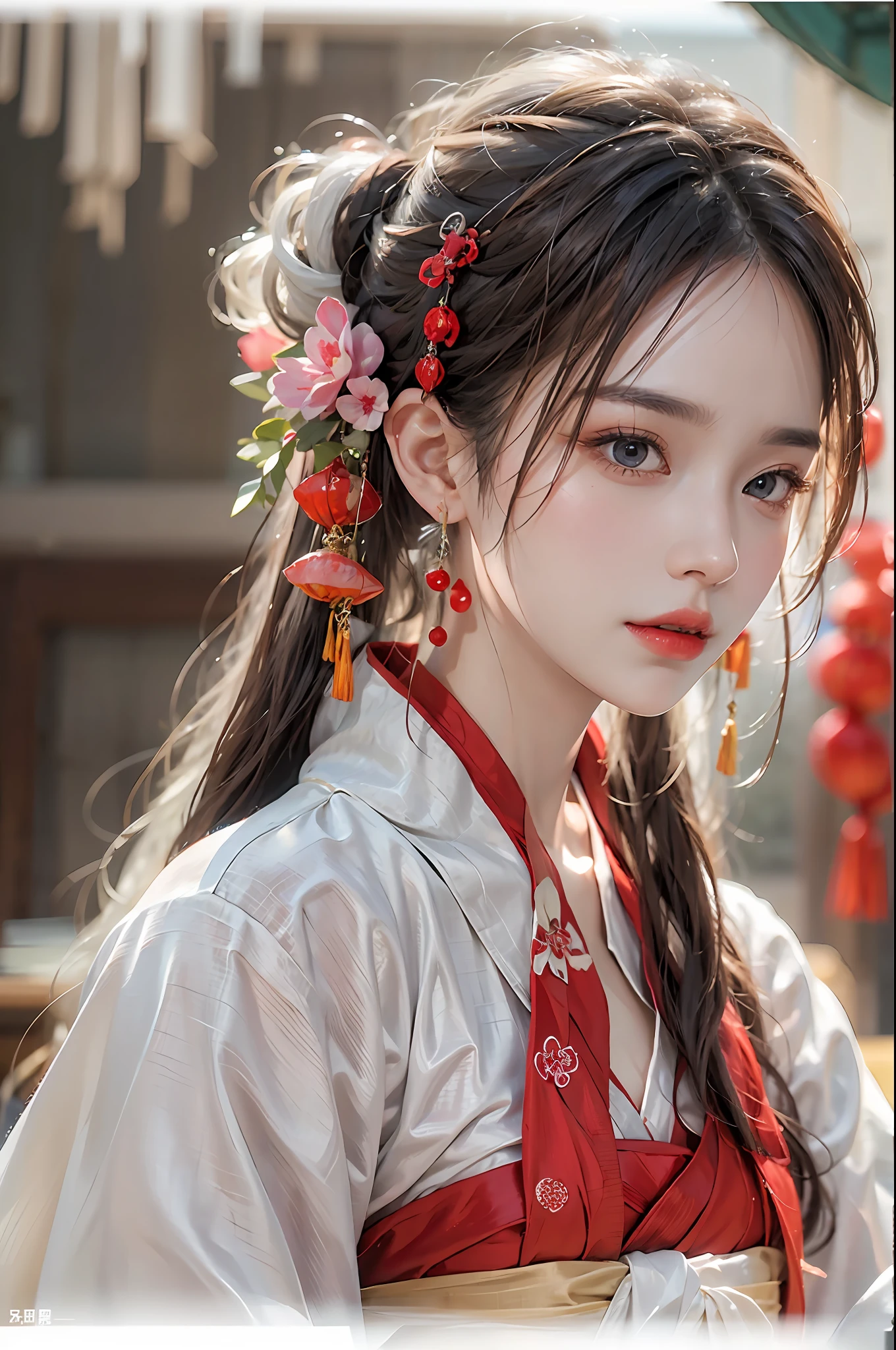 photorealistic, high resolution, 1 women, solo, hips up, beautiful eyes, long hair, red wedding hanfu, Chinese Huadian, gorgeous accessories, wearing pearl earrings