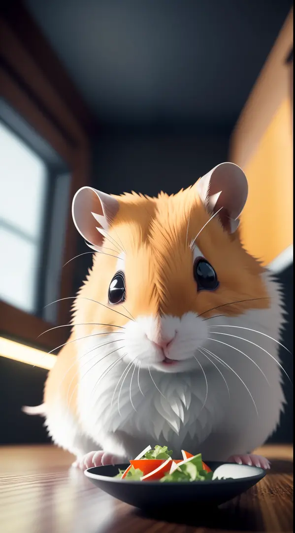 ultra realistic photography, Perfectly centered middle top shot, Cute hamster preparing salad, Kitchen-studio in the background, looking a viewer, extremely detailed eyes, detailed symmetrical realistic face, extremely detailed natural texture, Masterpiece...