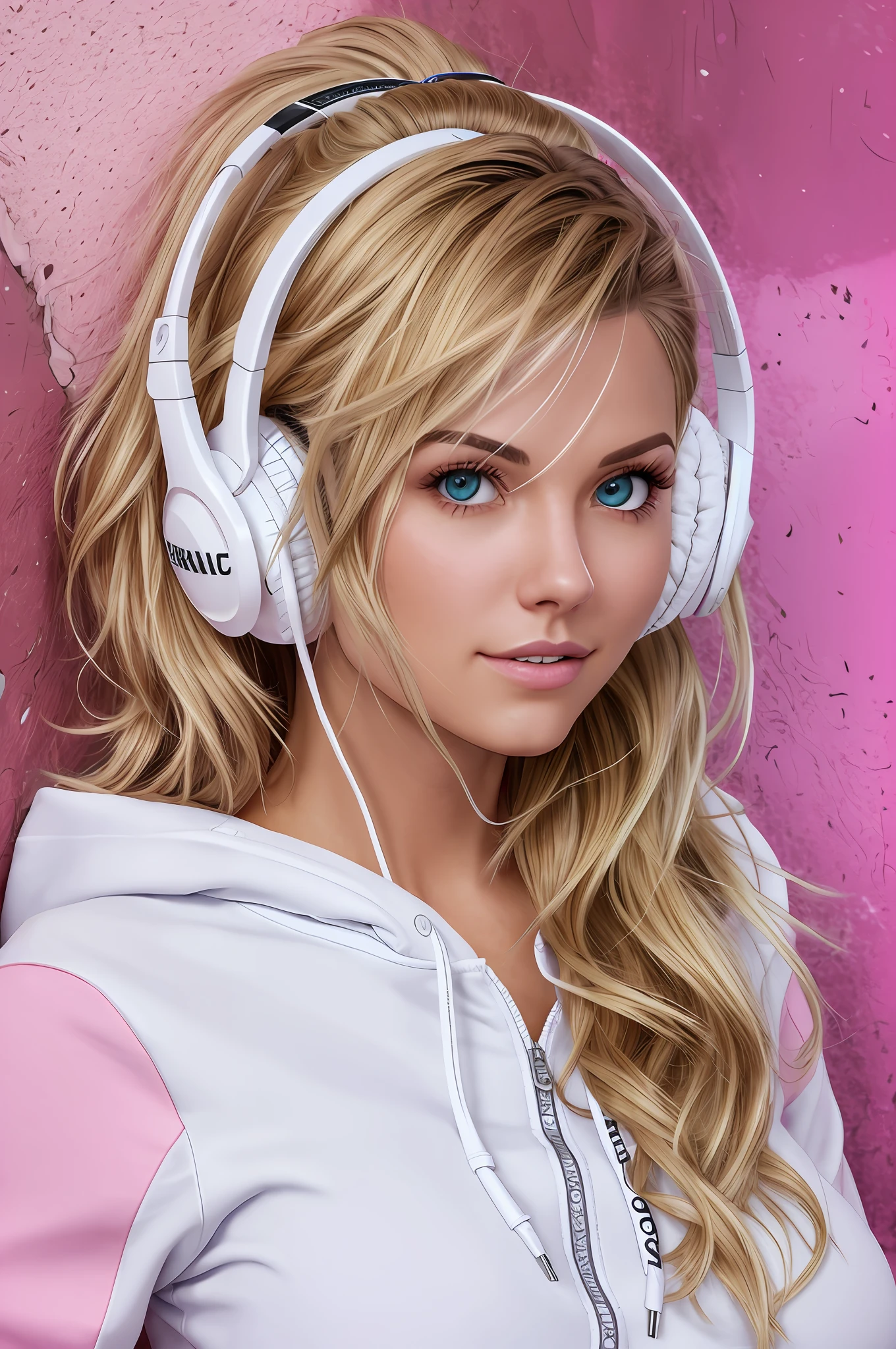 Fille joueuse blonde penchée vers la caméra, photo de face en haut, Sweat à capuche rouge, vêtements superposés, gros casque gamer blanc, gros seins, haut blanc moulant:1.2, clivage, rose bien:1.2, regarder le spectateur, couleurs douces, Éclairage cinématographique, Anatomie parfaite:1.3, Meubles IKEA