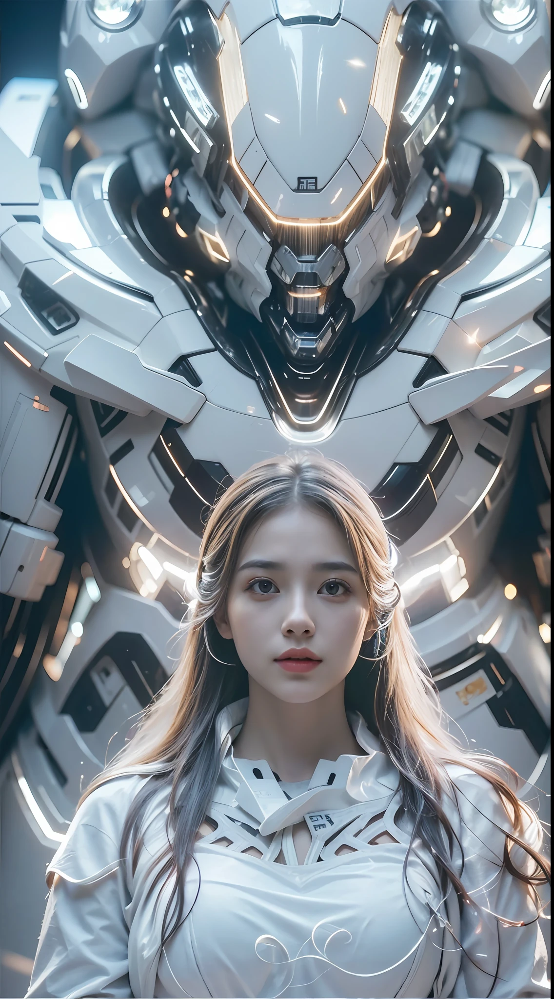 Belle femme portant un mecha blanc Des lumières mecha éblouissantes，(Meilleure qualité, Détails détaillés, chef-d&#39;œuvre, , 4k, clair-obscur，Les photos sont super réalistes et réalistes, Vidéographie Canon très détaillée )