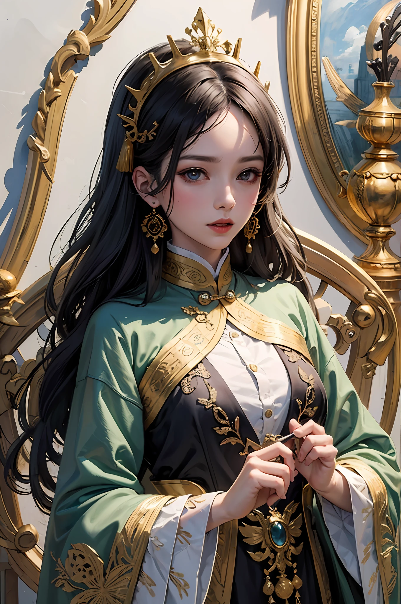 （tmasterpiece，top Quority，best qualtiy，offcial art，Beautiful and aesthetic：1.2），（1girl），Extremely detailed，Colorful，highestdetailed，offcial art，统一 8k 壁纸，ultra - detailed，Beautiful and aesthetic，Beautiful Chinese goddess,A golden hair ornament on his head,The ears are large，tmasterpiece，best qualtiy，（zentangle，datura，Tangles，entangled），holy rays，gold foil，Gold leaf art，glitter drawing，PerfectNwsjMajic