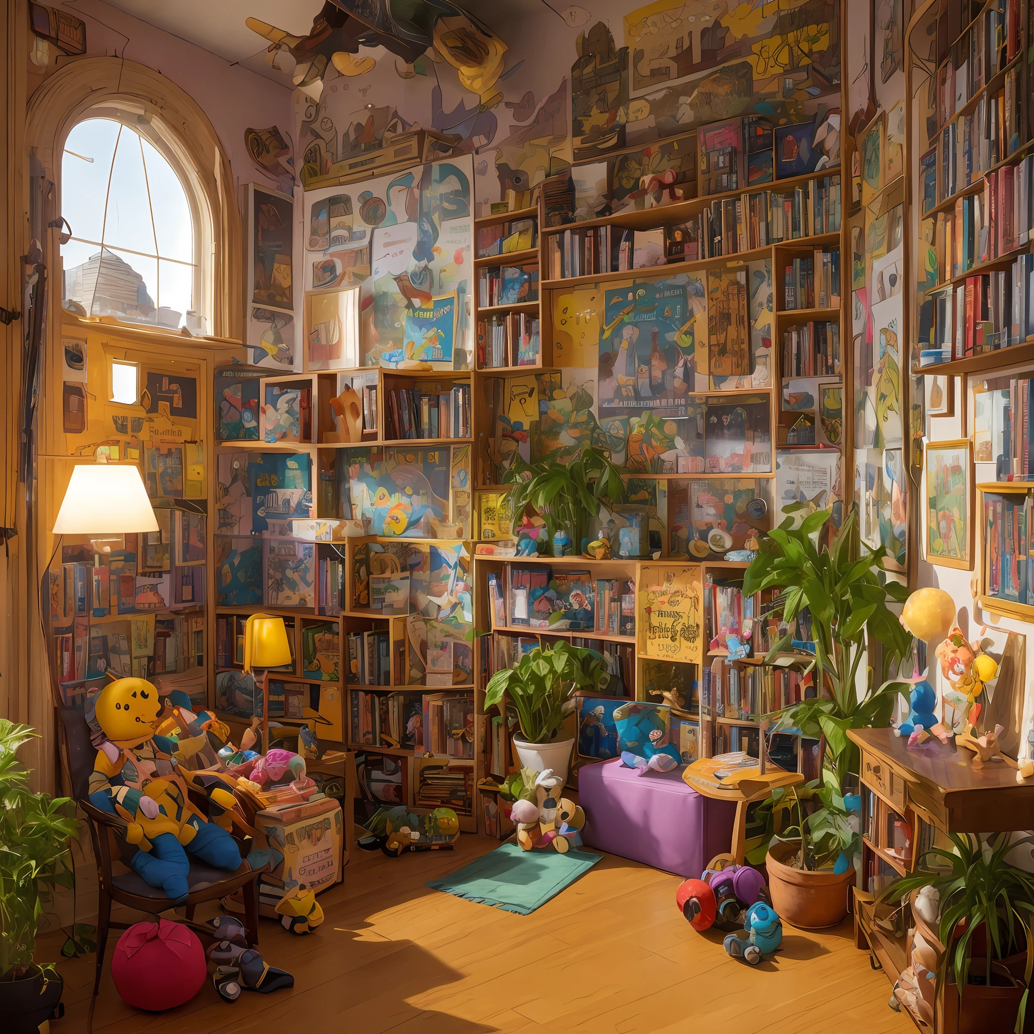 Photo du Digest Architectural d&#39;un {onde de vapeur/Steampunk/solairepunk} ((chambre d&#39;enfant)) bibliothèque，Il y a beaucoup de jouets pour les enfants，avec des fleurs et des plantes，rayons dorés，Surréalisme Surréalisme，Des détails incroyables dans le chef-d’œuvre primé，Une poésie épique à couper le souffle