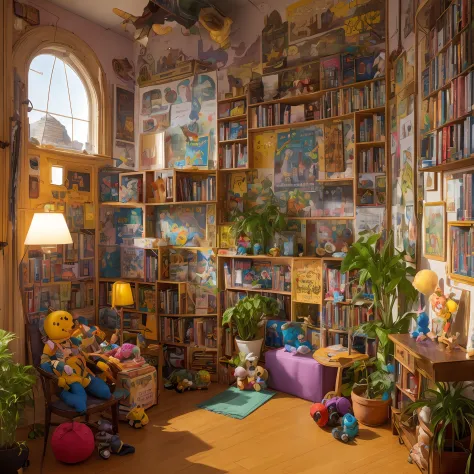 Architectural Digest photo of a {vaporwave/steampunk/solarpunk} ((Child room)) libraryai，There are a lot of toys for children，wi...