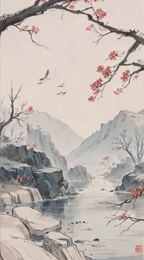 "(picture quality is high+1.5)Two little birds，Falls on a branch，k hd，Scenery and birds account for relatively small，Chinese landscape，Traditional Chinese watercolor，Traditional Chinese painting，China ink painting，peaceful scenery。"