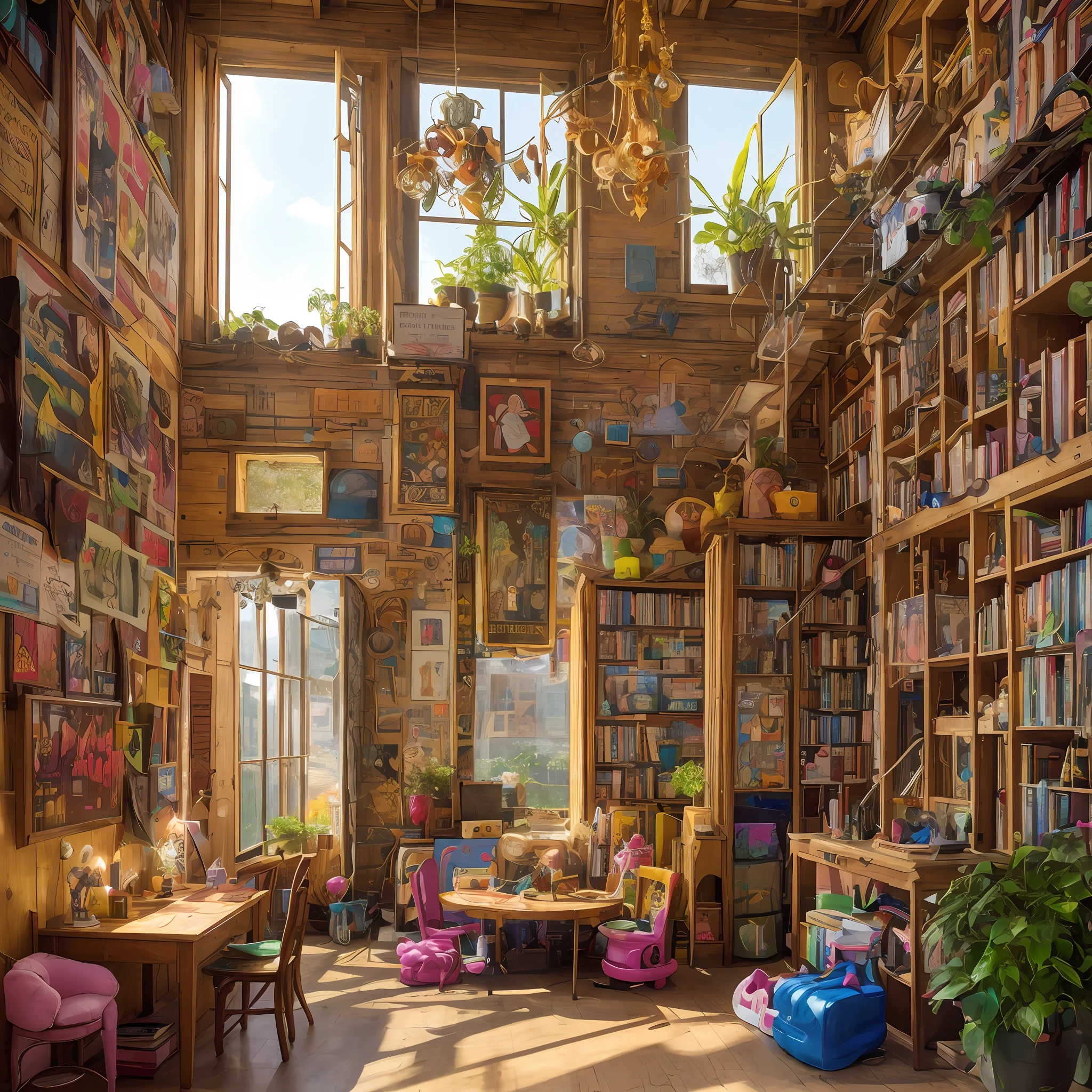 Foto de Architectural Digest de un {onda de vapor/steampunk/solarpunk} ((Habitación infantil)) bibliotecaai，Hay muchos juguetes para niños，con flores y plantas，rayos dorados，Surrealism Surrealism，Increíble detalle en la galardonada obra maestra，Poesía épica impresionante