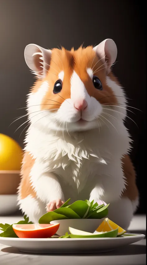 ultra realistic photography, Perfectly centered middle top shot, Cute anthropomorphic hamster preparing salad, Kitchen-studio in the background, looking a viewer, extremely detailed eyes, detailed symmetrical realistic face, extremely detailed natural text...