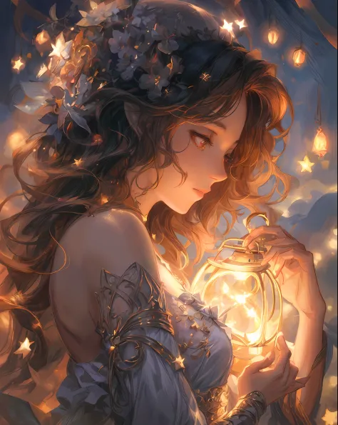 a woman holding a lantern in her hands with stars around her, fantasy gorgeous lighting, beautiful fantasy art, fantasy art styl...