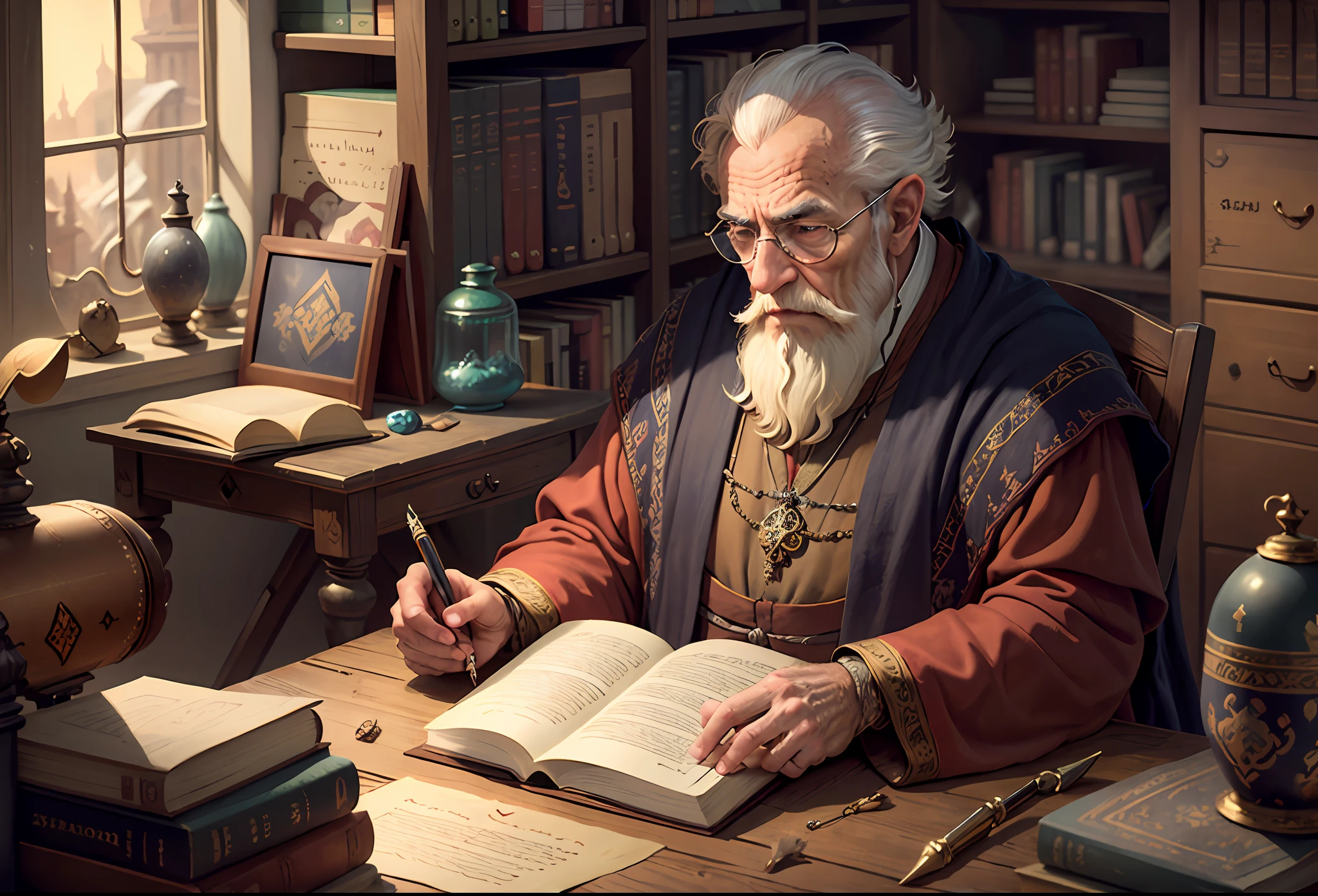 Medieval imangem, fantasy, old man wizard working writing a magical book in a library with a lot of technology and extreme realism,