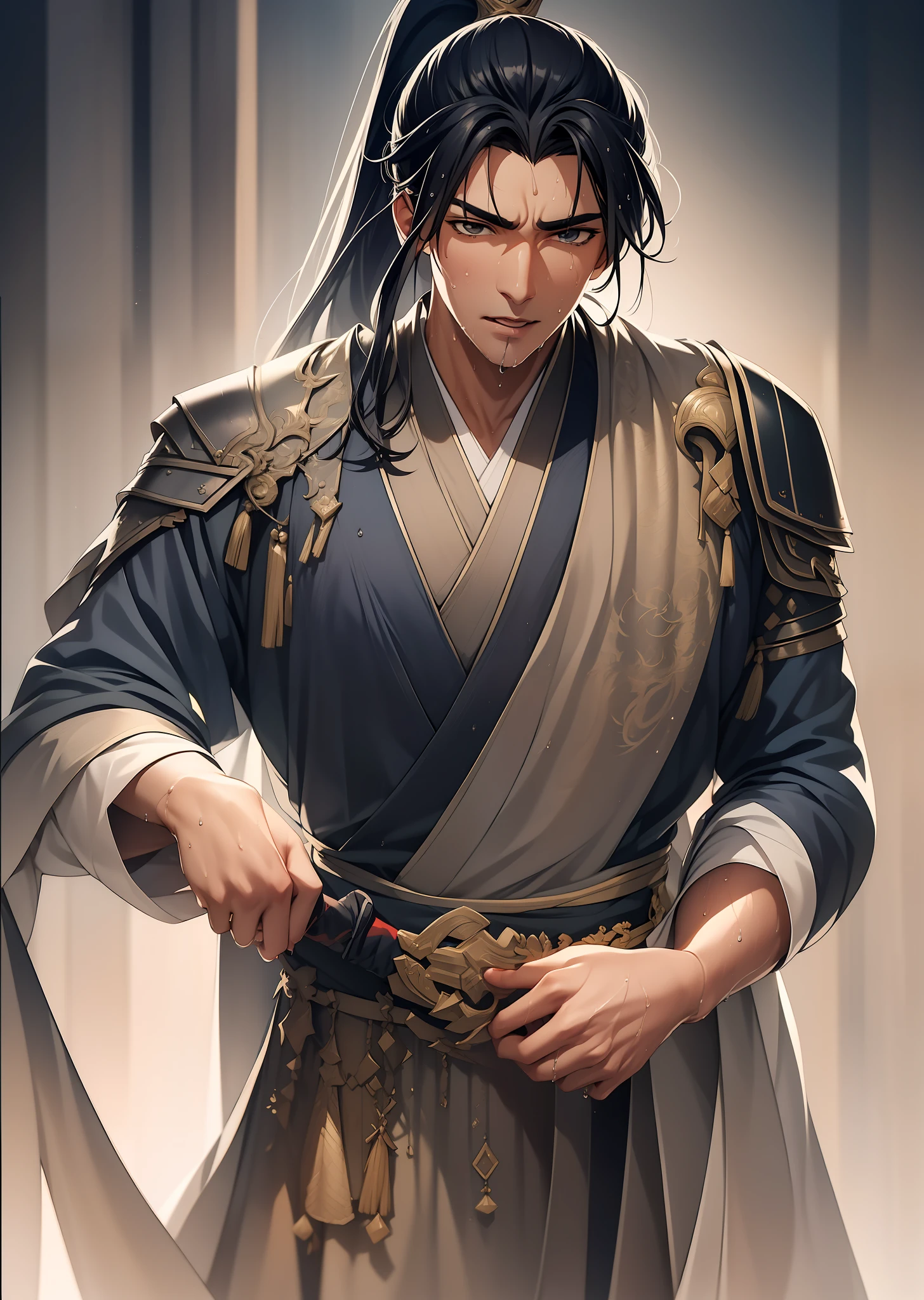 quadratic element，style of anime，mtu（Male Warrior），musculature，The proportions are correct，Face details，swordsmen，High ponytail hairstyle，perspired，Sweat on the face，drools，Neck details，There is an Adam's apple，Get wet，Drenched，Black Hanfu，kaftan，Embroidered robes，Black robe，clothes details，Handing over，longer sleeves，Game quality，Swordsmanship，Light and shadow tracking，Ray traching，detailed glow，cg render，hair detail，cabelos preto e longos，Golden eyes，Sweat on the face，Handsome，Handsome，Beads of sweat slipped down my neck，（juvenile sense），Clothing is complicated，Drenched，Get wet，Perfectcomposition，Refinement，high qulity，higher details，Lots of details，The background is complex，a sense of atmosphere，