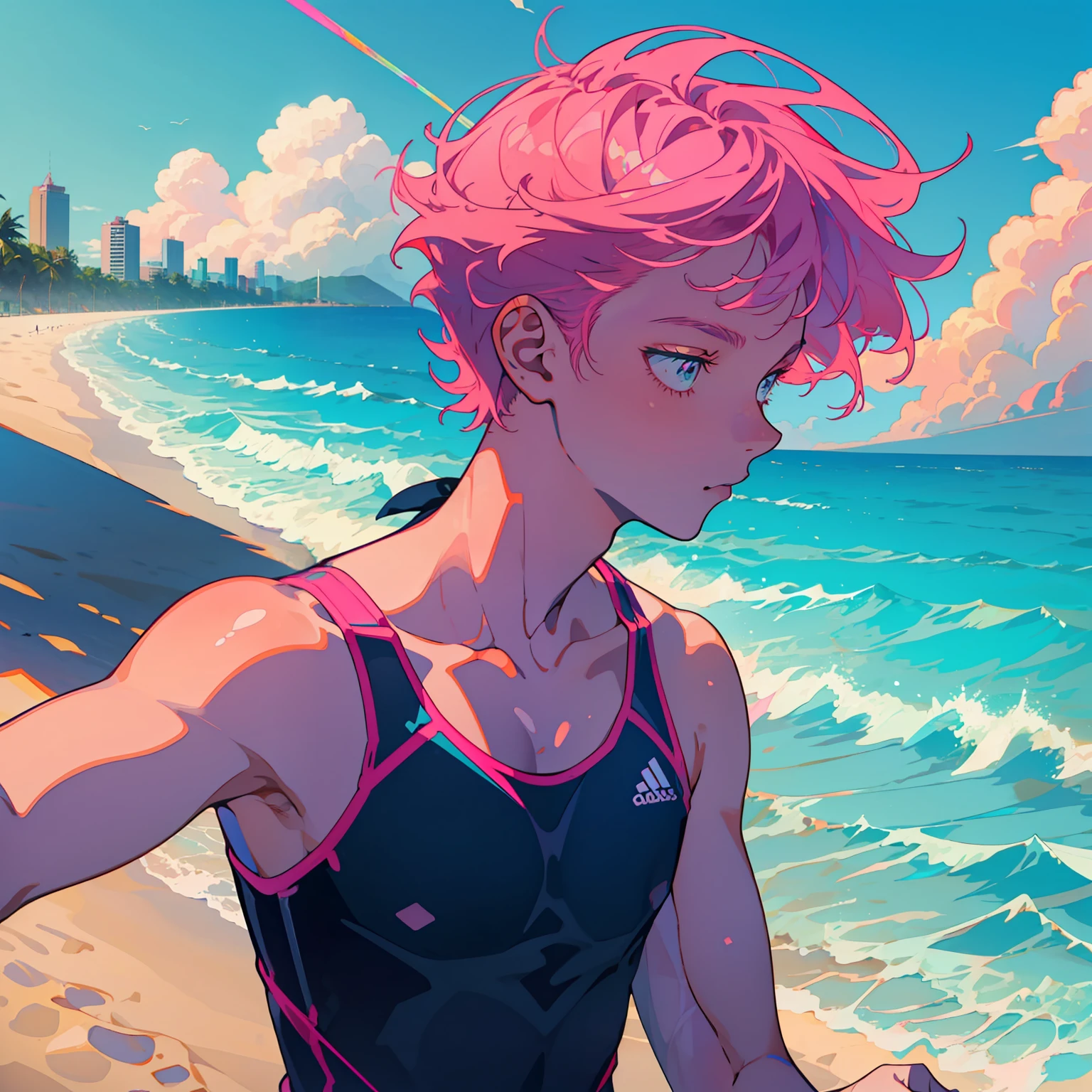 Um adolescente jogando vôlei de praia à beira-mar，Contorcendo-se，raios de sol，lindo e fofo，Um cabelo rosa，cabelo curto，penteado bagunçado，Use cuecas de banho，A parte superior do corpo fica exposta，jogar vôlei de praia