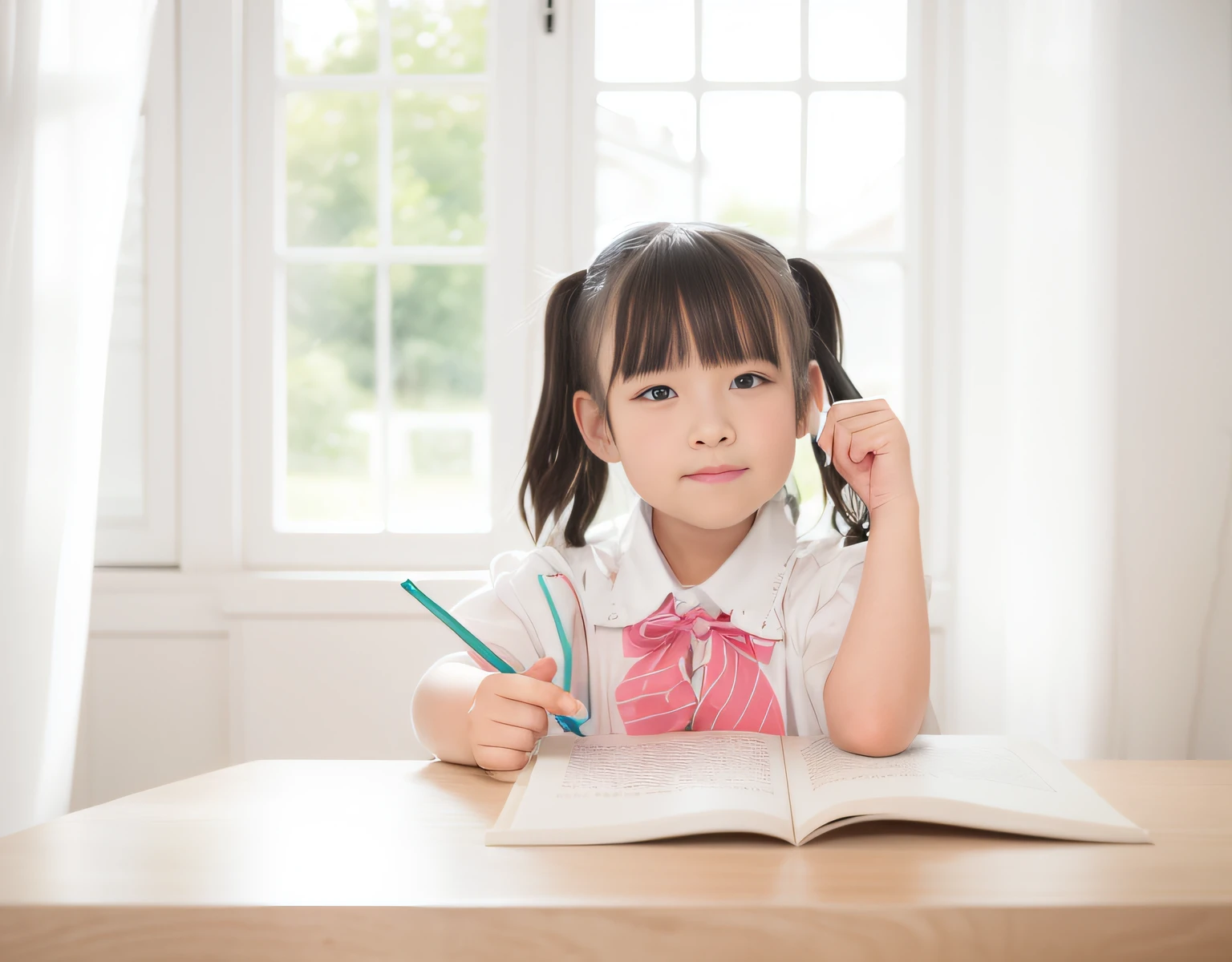 白色房间，白色窗户，有一个年轻女孩坐在桌边，拿一本书和一支铅笔, 两根小辫子的发型, 扎着黑色辫子, 儿童绘画, 辫子发型，自然手指。拿着笔，