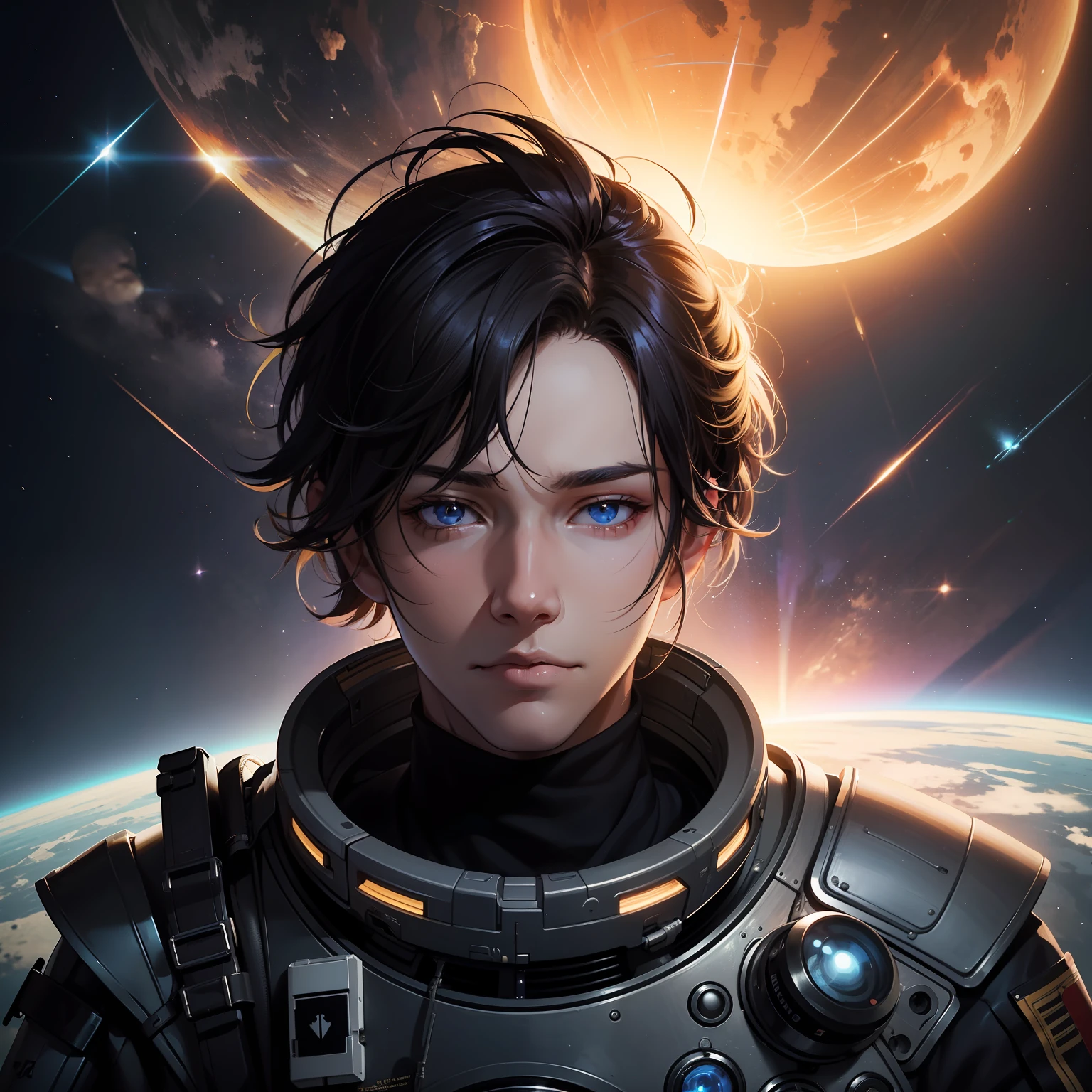 There is a boy in a spacesuit posing for a photo, Rendu portrait 8k, Portrait anime space cadet boy, Soft portrait shot 8 K, wojtek fus, ultra realistic concept art, closeup character portrait, realistic art style, Portrait of handsome sci-fi boy, Realistic anime boy rendering, Unreal 5. RPG portrait, Makoto Shinkai ( apex legends )