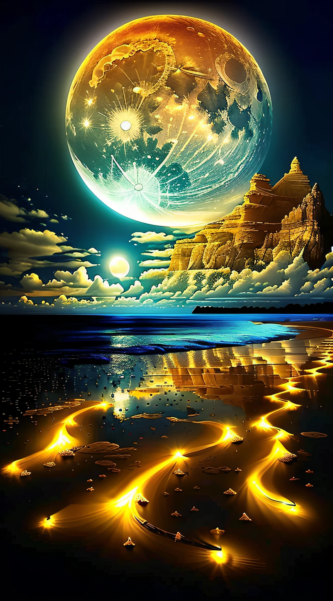 ein Gemälde von einem Strand mit einem goldenen Vollmond und einigen Wolken, Zauberhafter Strand, sandweiße Mondlandschaft, surrealer Raum, Großartiger Hintergrund, schönes Bild schon erstellt, Universum in einem Sandkorn, magische ozeanblaue Tropfen, detaillierte Traumlandschaft, Mond scheint goldenes Licht, wunderschöner atemberaubender Träumer, in der Astralebene ) ), Atemberaubender Bildschirmschoner,  schöner Platz, Schönes Mondlicht