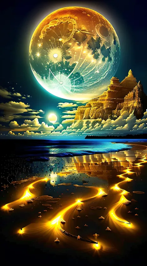 a painting of a beach with a golden full moon and some clouds, magical beach, sandy white moon landscape, surreal space, magnifi...