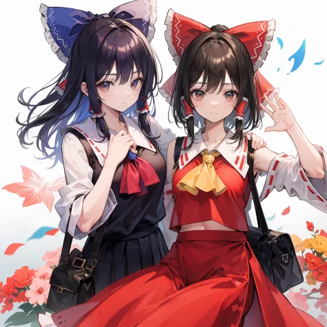 ((borei reimu))、((校服))、longhaire、waving hands、soft smiling、carry your bag over your shoulder、school bag、mottled light、background...