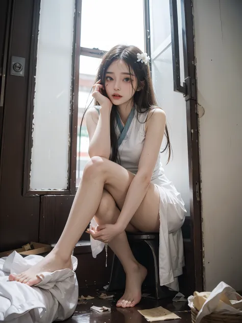 Psychedelic，Fine，dramatic，Ray tracing，postapocalyptic，Full body photo，(atractive Face，Peerless beauty，s the perfect face，messy  hair，pale white face，Perfect female body，Light and thin Hanfu，Small breasts)，Sitting in the middle of an abandoned men's toilet，...
