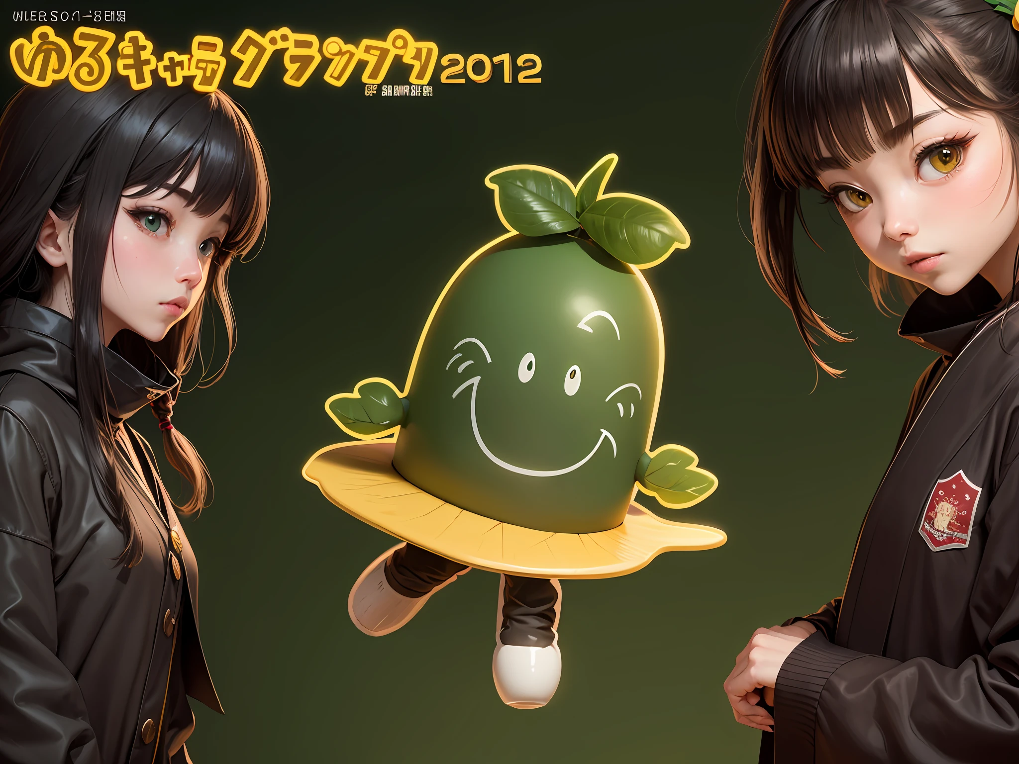 Anime characters with a green apple on their head and a yellow hat - SeaArt  AI