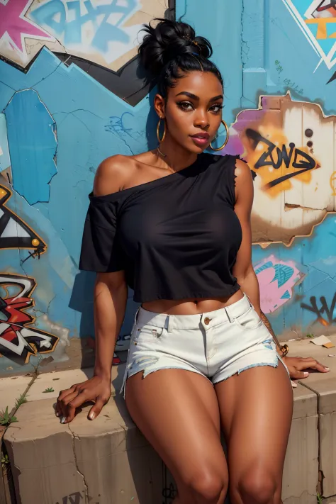 alluring black woman in her 30s with black hair done up, wearing a low cut white t-shirt with one shoulder, ripped denim shorts,...