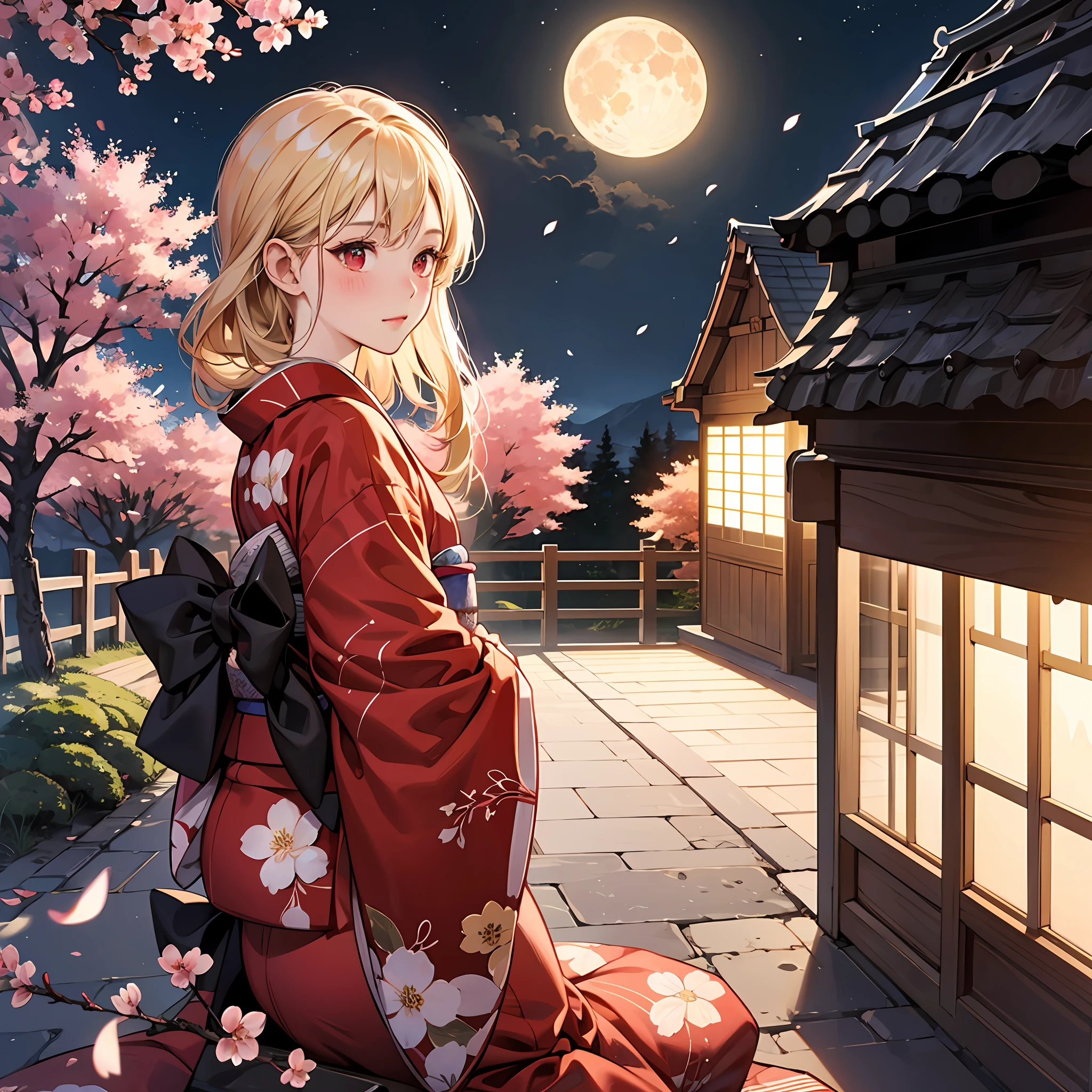 Red Blush、a Blond、red Eyes、Beautiful Girl Alone、animesque、solo、Kimono ...