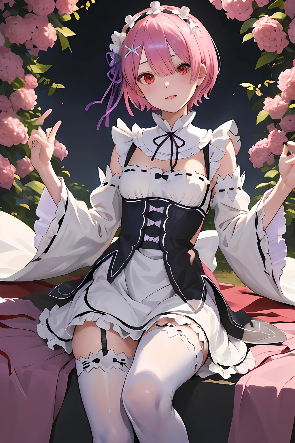 masterpiece, best quality, highres, ram1, 1girl, solo, ram \(re:zero\), pink hair, white thighhighs, short hair, red eyes, hair over one eye, ribbon trim, hair ribbon, x hair ornament, frills, maid headdress, waist apron, garter straps, black ribbon, small breasts, long sleeves, white apron, neck ribbon, purple ribbon, wide sleeves, hair flower,